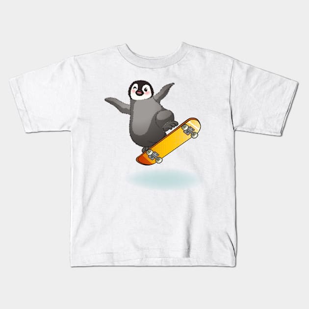 Happy emperor penguin chick with skateboard Kids T-Shirt by tomodaging